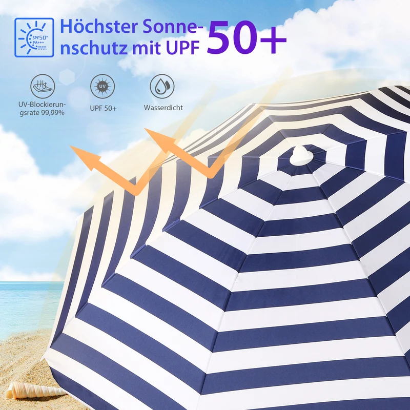 Sekey 180 cm Strandschirm mit Schutzhülle und Bodenhülse, Sonnenschutz UV50+