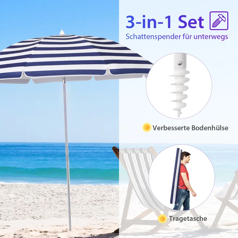 Sekey 180 cm Strandschirm mit Schutzhülle und Bodenhülse, Sonnenschutz UV50+