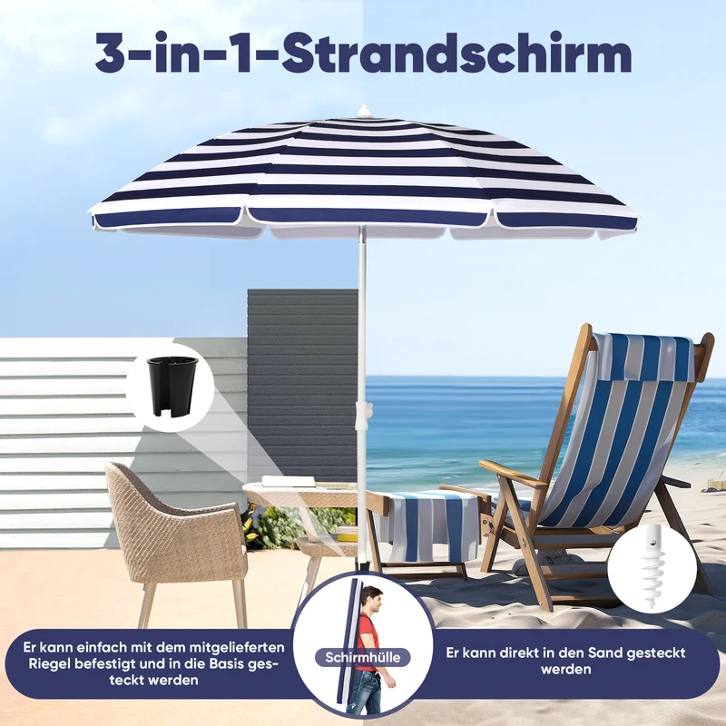Sekey 180 cm Strandschirm mit Schutzhülle und Bodenhülse, Sonnenschutz UV50+