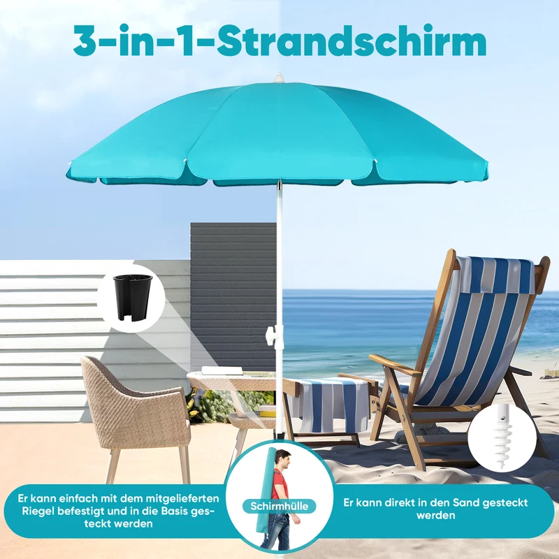 Sekey 180 cm Strandschirm mit Schutzhülle und Bodenhülse, Sonnenschutz UV50+