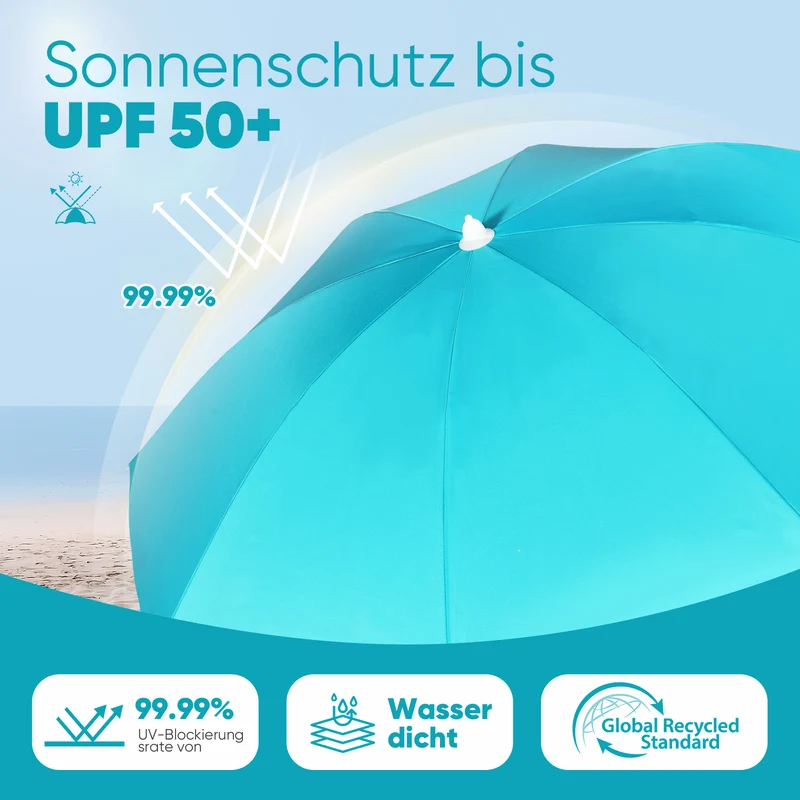 Sekey 180 cm Strandschirm mit Schutzhülle und Bodenhülse, Sonnenschutz UV50+