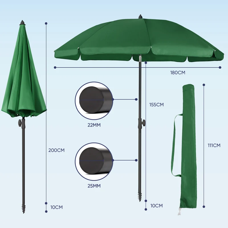 Sekey 180 cm Strandschirm mit Schutzhülle und Bodenhülse, Sonnenschutz UV50+