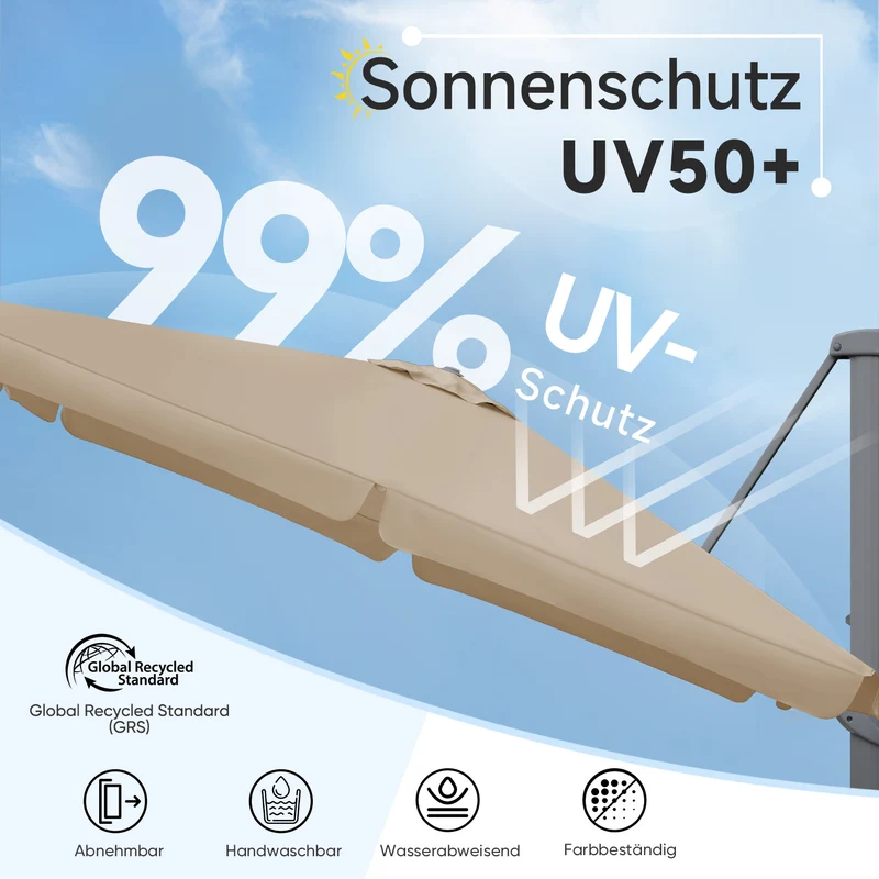 Sekey 300 cm x 300 cm Ampelschirm, Sonnenschutz UV50+