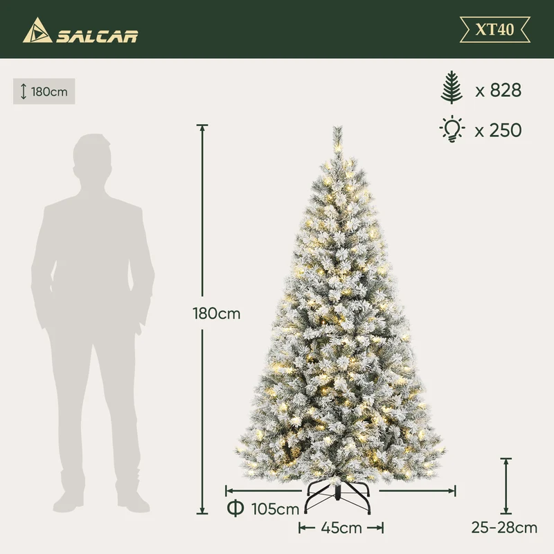Salcar 180cm Künstlicher Weihnachtsbaum mit Schnee und Licht, mit 250 LED und 828 PVC Spitzen