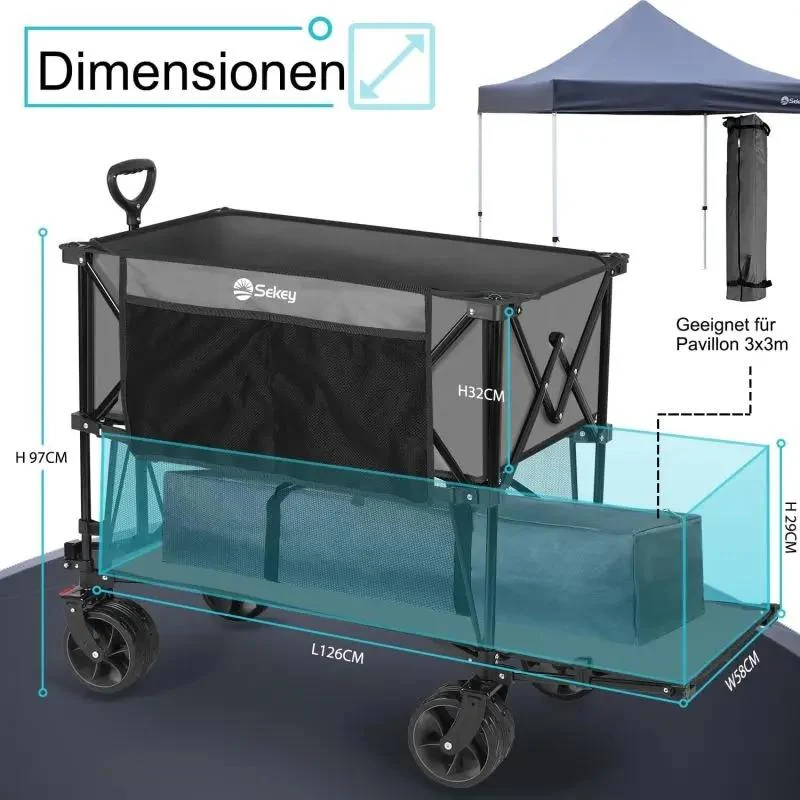 Sekey 350L / 120KG Doppel Faltbarer Bollerwagen, Patentiert Zusammenfaltbar aus Vier Richtungen, mit Bremsen und Extra Breiten Rädern