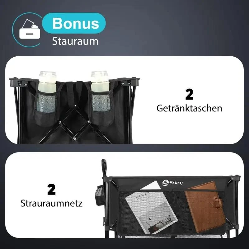 Sekey 350L / 120KG Doppel Faltbarer Bollerwagen, Patentiert Zusammenfaltbar aus Vier Richtungen, mit Bremsen und Extra Breiten Rädern