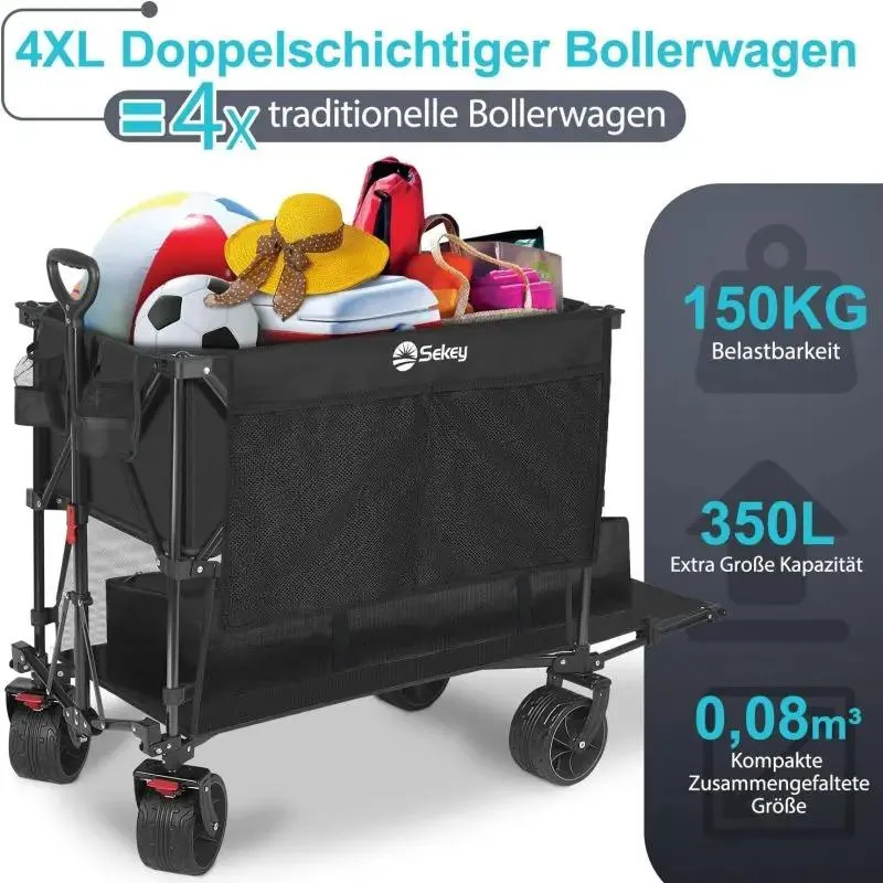 Sekey 350L / 120KG Doppel Faltbarer Bollerwagen, Patentiert Zusammenfaltbar aus Vier Richtungen, mit Bremsen und Extra Breiten Rädern