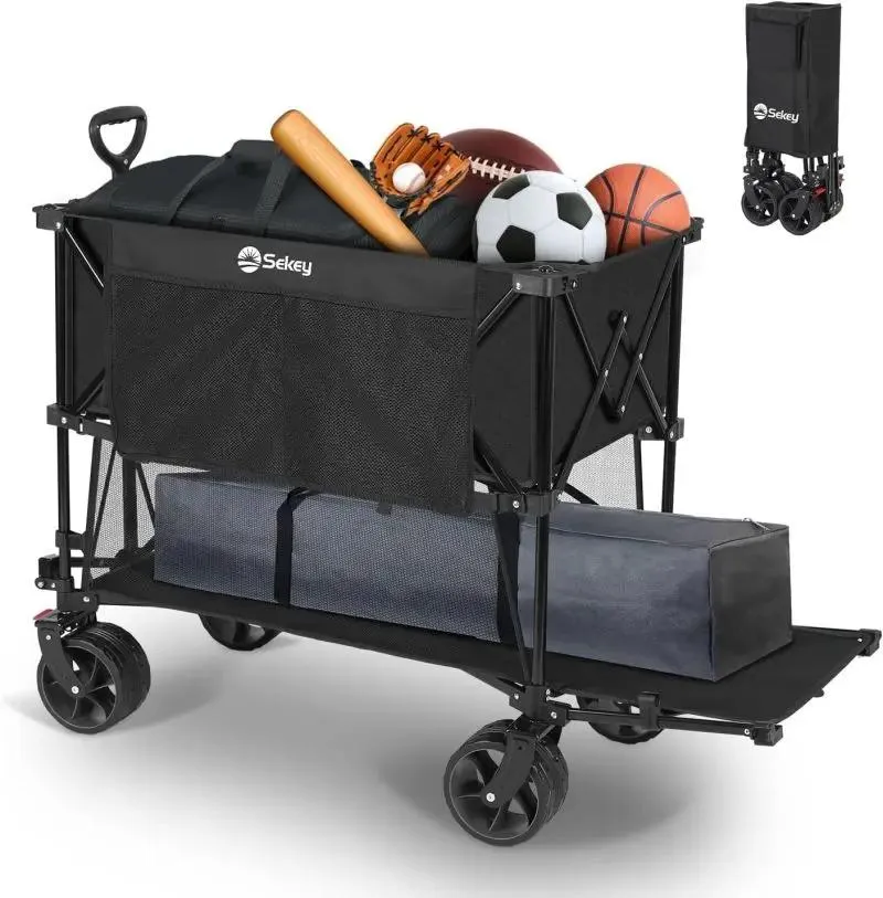 Sekey 350L / 120KG Doppel Faltbarer Bollerwagen, Patentiert Zusammenfaltbar aus Vier Richtungen, mit Bremsen und Extra Breiten Rädern