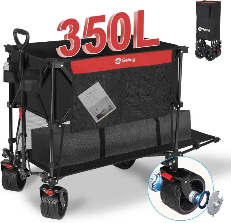 Sekey 350L / 120KG Doppel Faltbarer Bollerwagen, Patentiert Zusammenfaltbar aus Vier Richtungen, mit Bremsen und Extra Breiten Rädern
