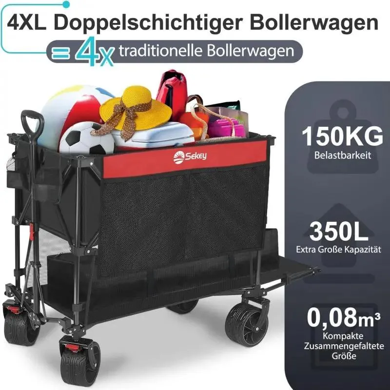 Sekey 350L / 120KG Doppel Faltbarer Bollerwagen, Patentiert Zusammenfaltbar aus Vier Richtungen, mit Bremsen und Extra Breiten Rädern