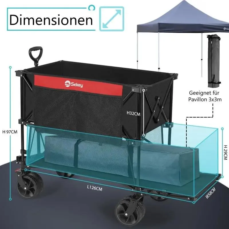 Sekey 350L / 120KG Doppel Faltbarer Bollerwagen, Patentiert Zusammenfaltbar aus Vier Richtungen, mit Bremsen und Extra Breiten Rädern