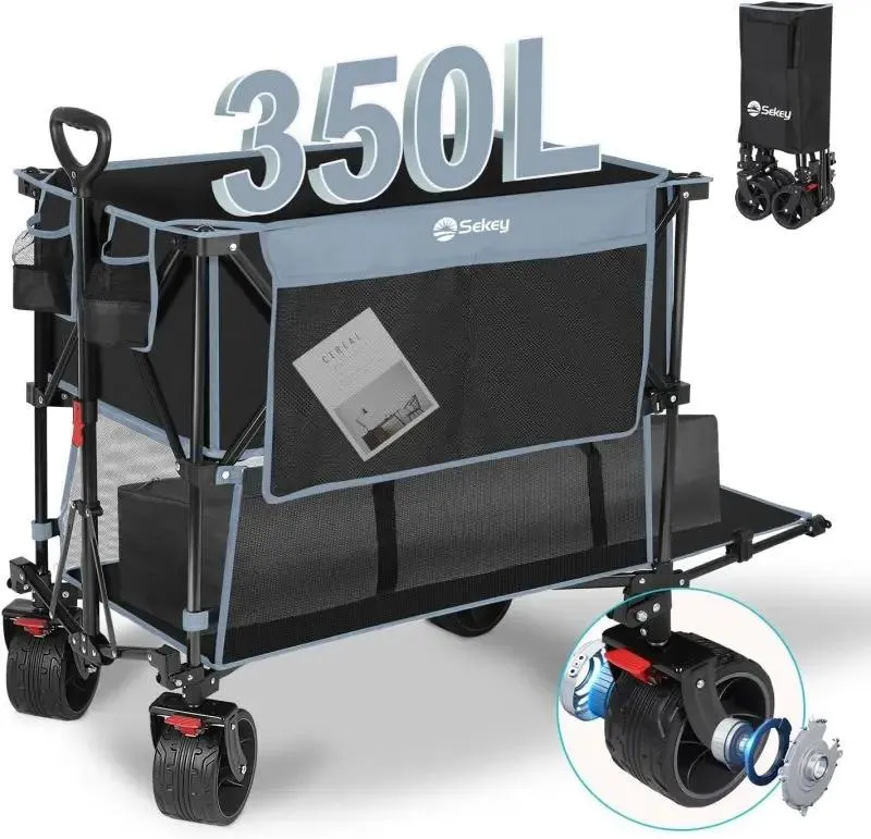 Sekey 350L / 120KG Doppel Faltbarer Bollerwagen, Patentiert Zusammenfaltbar aus Vier Richtungen, mit Bremsen und Extra Breiten Rädern