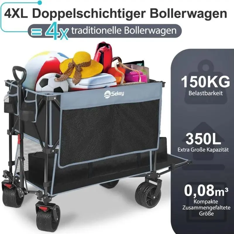 Sekey 350L / 120KG Doppel Faltbarer Bollerwagen, Patentiert Zusammenfaltbar aus Vier Richtungen, mit Bremsen und Extra Breiten Rädern