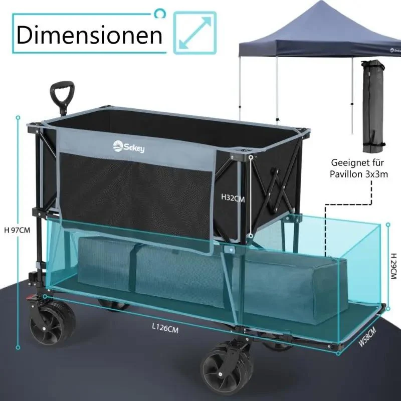 Sekey 350L / 120KG Doppel Faltbarer Bollerwagen, Patentiert Zusammenfaltbar aus Vier Richtungen, mit Bremsen und Extra Breiten Rädern