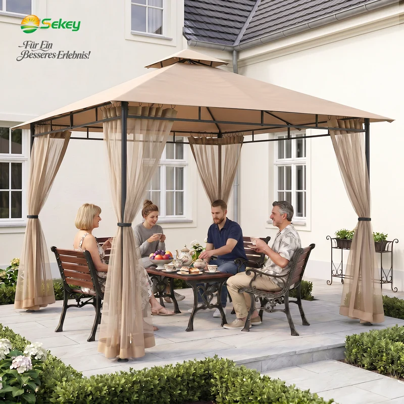 Sekey Garten Pavillon 3x3 m, Gartenzelt mit Moskitonetz, Atmungsaktives Doppeldach 160g/㎡ Polyester