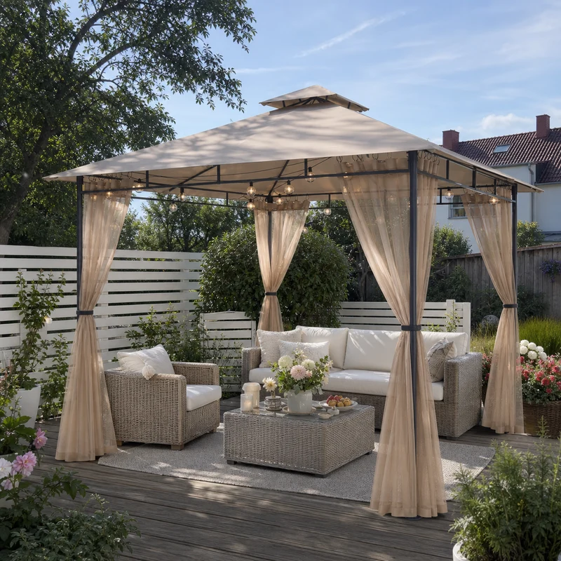 Sekey Garten Pavillon 3x3 m, Gartenzelt mit Moskitonetz, Atmungsaktives Doppeldach 160g/㎡ Polyester