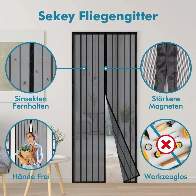 Sekey Magnet Fliegengitter Tür aus Polyester, mit Bändern, Schwarz