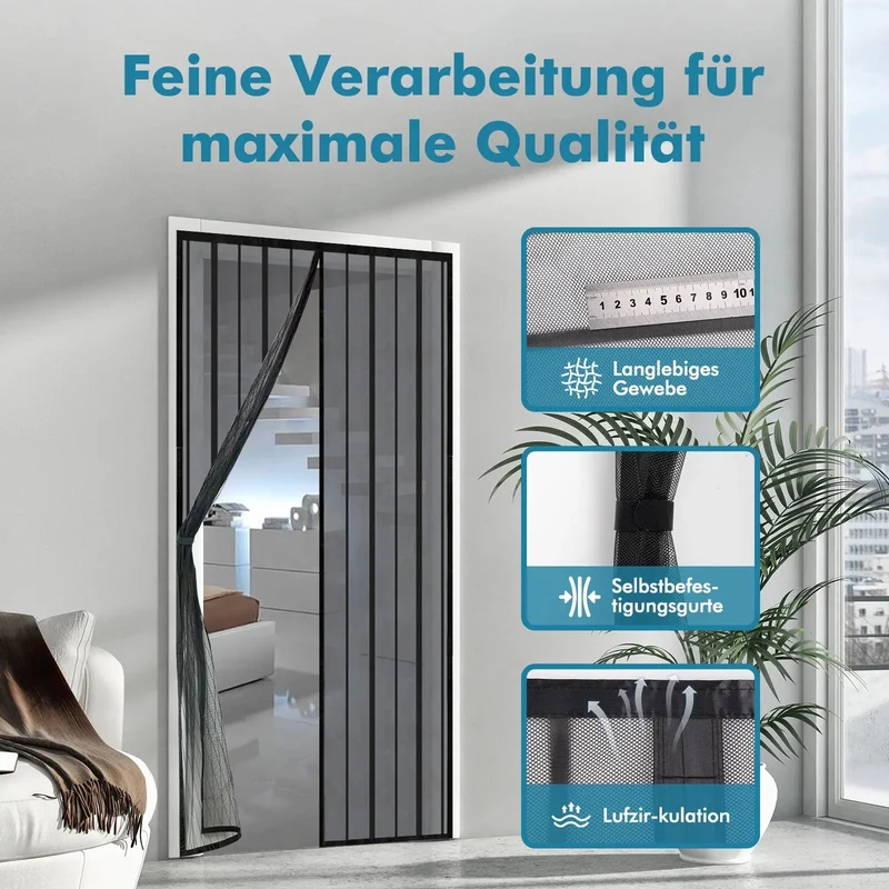 Sekey Magnet Fliegengitter Tür aus Polyester, mit Bändern, Schwarz