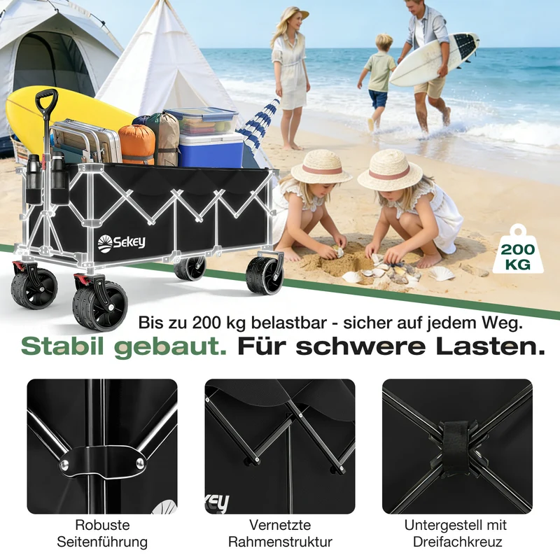 Sekey 300L / 150KG Faltbarer Bollerwagen, Patentiert Zusammenfaltbar aus Vier Richtungen, mit Bremsen und Extra Breiten Rädern