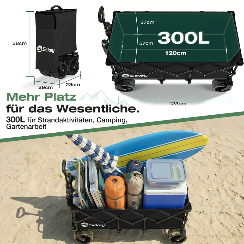 Sekey 300L / 150KG Faltbarer Bollerwagen, Patentiert Zusammenfaltbar aus Vier Richtungen, mit Bremsen und Extra Breiten Rädern