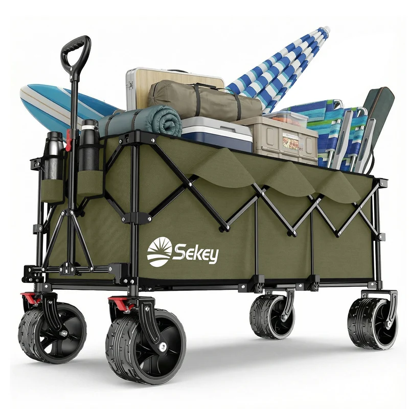 Sekey 300L / 150KG Faltbarer Bollerwagen, Patentiert Zusammenfaltbar aus Vier Richtungen, mit Bremsen und Extra Breiten Rädern