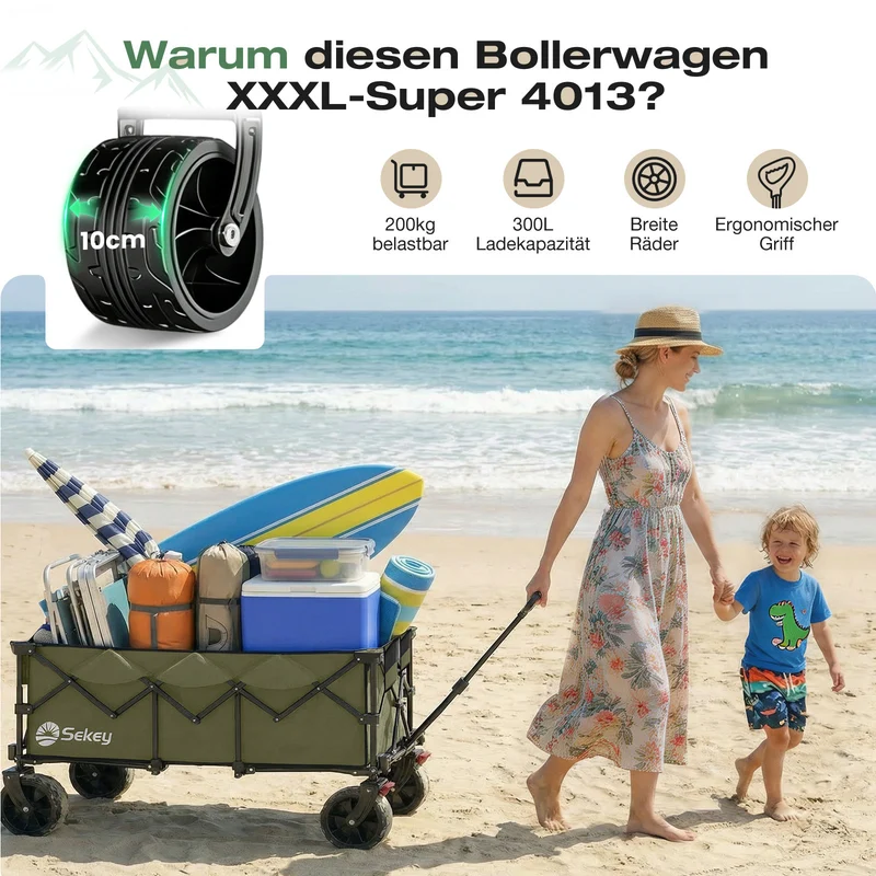 Sekey 300L / 150KG Faltbarer Bollerwagen, Patentiert Zusammenfaltbar aus Vier Richtungen, mit Bremsen und Extra Breiten Rädern