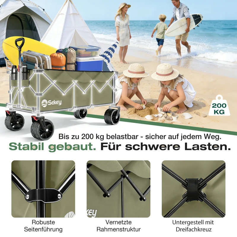 Sekey 300L / 150KG Faltbarer Bollerwagen, Patentiert Zusammenfaltbar aus Vier Richtungen, mit Bremsen und Extra Breiten Rädern