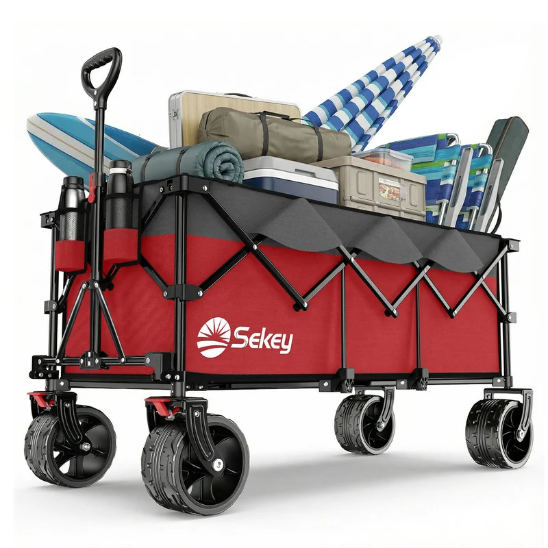 Sekey 300L / 150KG Faltbarer Bollerwagen, Patentiert Zusammenfaltbar aus Vier Richtungen, mit Bremsen und Extra Breiten Rädern