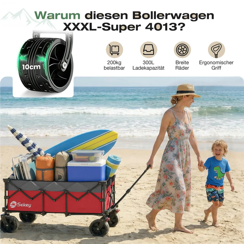 Sekey 300L / 150KG Faltbarer Bollerwagen, Patentiert Zusammenfaltbar aus Vier Richtungen, mit Bremsen und Extra Breiten Rädern