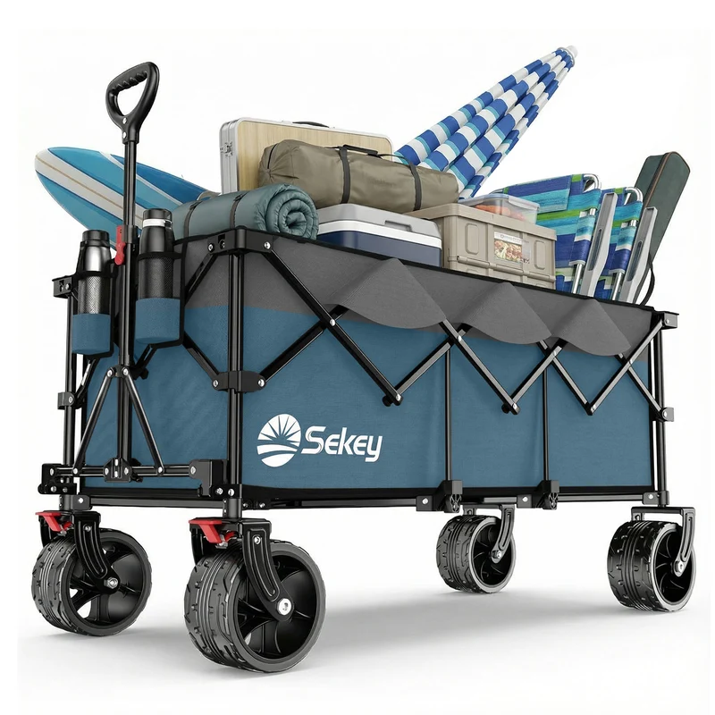 Sekey 300L / 150KG Faltbarer Bollerwagen, Patentiert Zusammenfaltbar aus Vier Richtungen, mit Bremsen und Extra Breiten Rädern