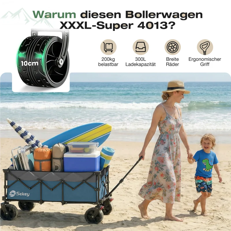 Sekey 300L / 150KG Faltbarer Bollerwagen, Patentiert Zusammenfaltbar aus Vier Richtungen, mit Bremsen und Extra Breiten Rädern