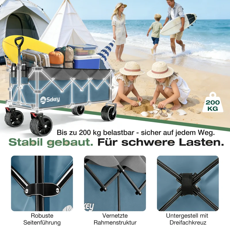 Sekey 300L / 150KG Faltbarer Bollerwagen, Patentiert Zusammenfaltbar aus Vier Richtungen, mit Bremsen und Extra Breiten Rädern