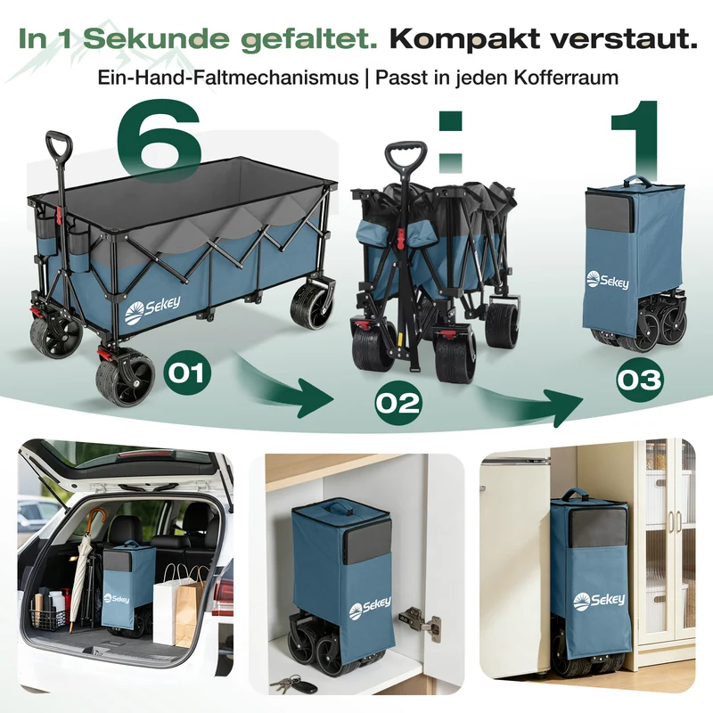 Sekey 300L / 150KG Faltbarer Bollerwagen, Patentiert Zusammenfaltbar aus Vier Richtungen, mit Bremsen und Extra Breiten Rädern