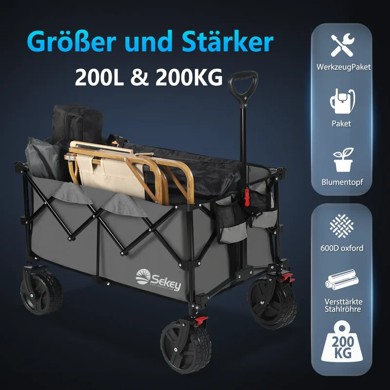 Sekey 200L / 200KG Faltbarer Bollerwagen, Patentiert Zusammenfaltbar aus Vier Richtungen, mit Bremsen Rädern