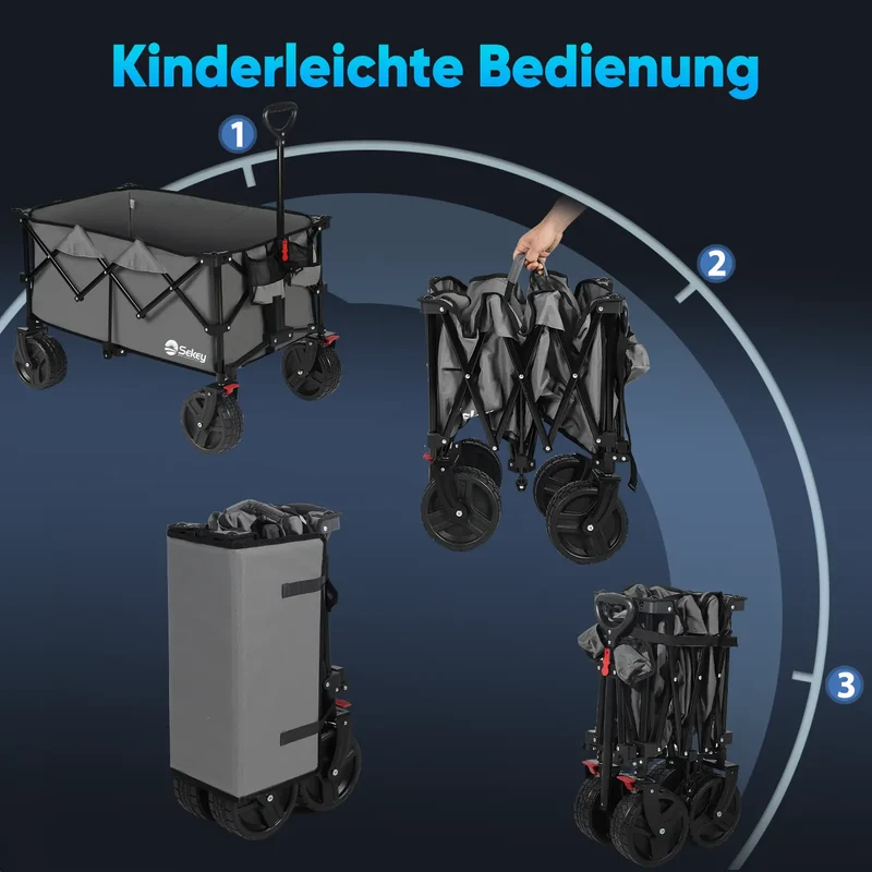 Sekey 200L / 200KG Faltbarer Bollerwagen, Patentiert Zusammenfaltbar aus Vier Richtungen, mit Bremsen Rädern
