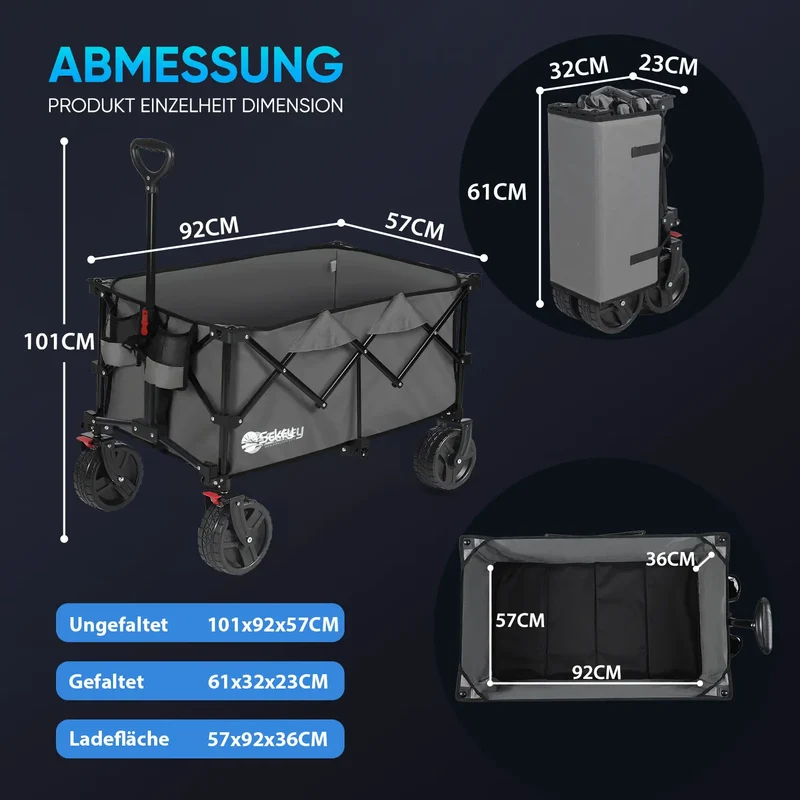 Sekey 200L / 200KG Faltbarer Bollerwagen, Patentiert Zusammenfaltbar aus Vier Richtungen, mit Bremsen Rädern