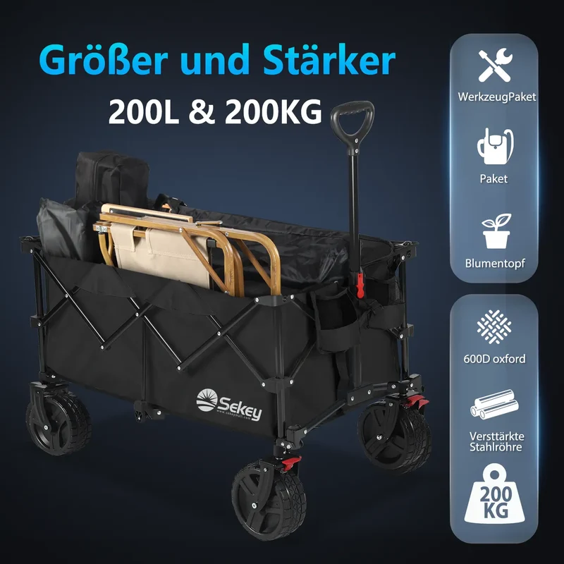 Sekey 200L / 200KG Faltbarer Bollerwagen, Patentiert Zusammenfaltbar aus Vier Richtungen, mit Bremsen Rädern