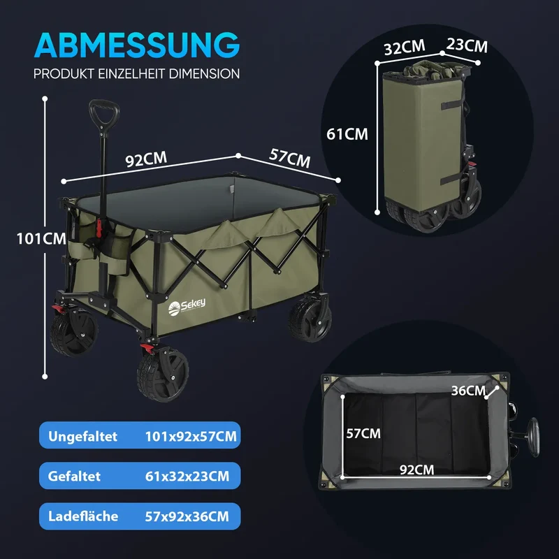 Sekey 200L / 200KG Faltbarer Bollerwagen, Patentiert Zusammenfaltbar aus Vier Richtungen, mit Bremsen Rädern