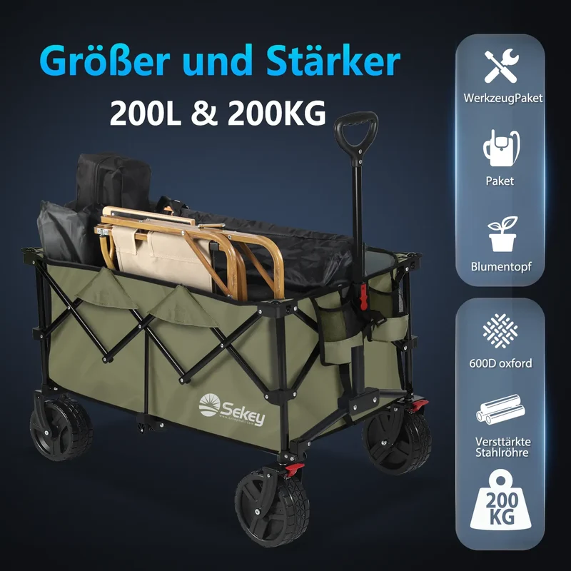 Sekey 200L / 200KG Faltbarer Bollerwagen, Patentiert Zusammenfaltbar aus Vier Richtungen, mit Bremsen Rädern