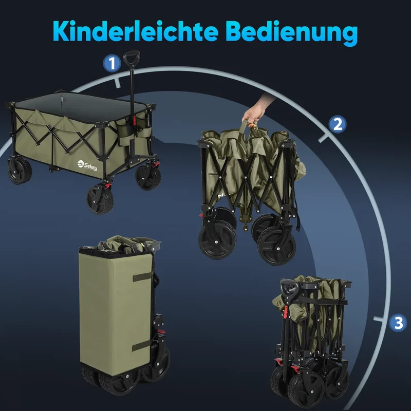 Sekey 200L / 200KG Faltbarer Bollerwagen, Patentiert Zusammenfaltbar aus Vier Richtungen, mit Bremsen Rädern