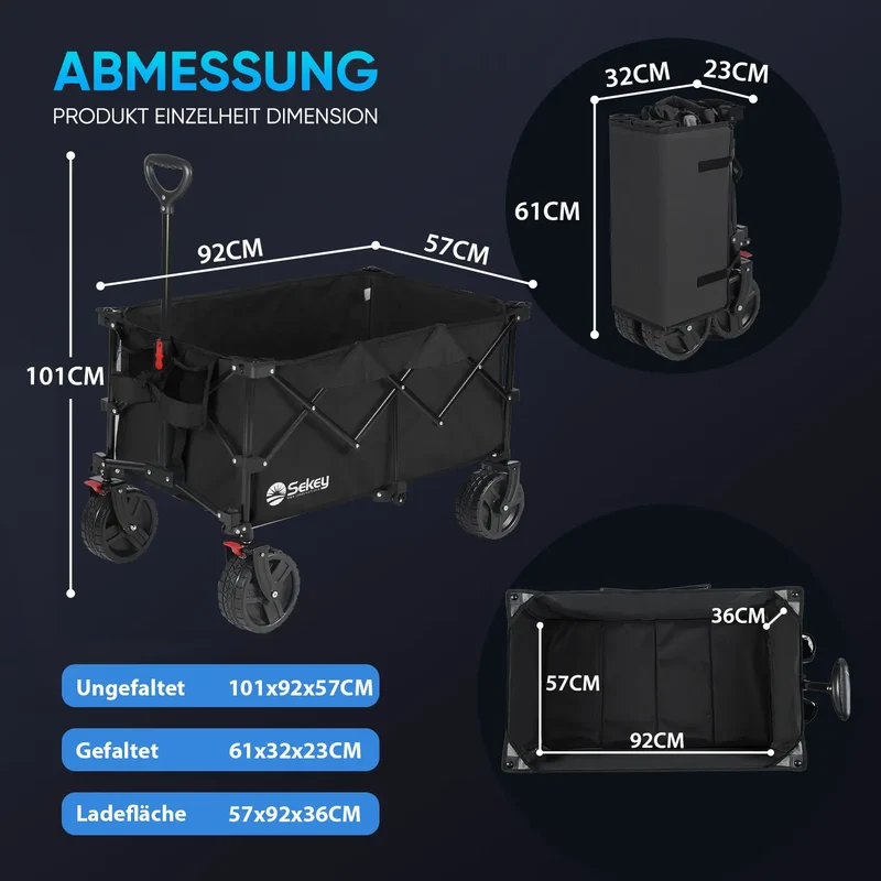 Sekey 200L / 200KG Faltbarer Bollerwagen, Patentiert Zusammenfaltbar aus Vier Richtungen, mit Bremsen Rädern