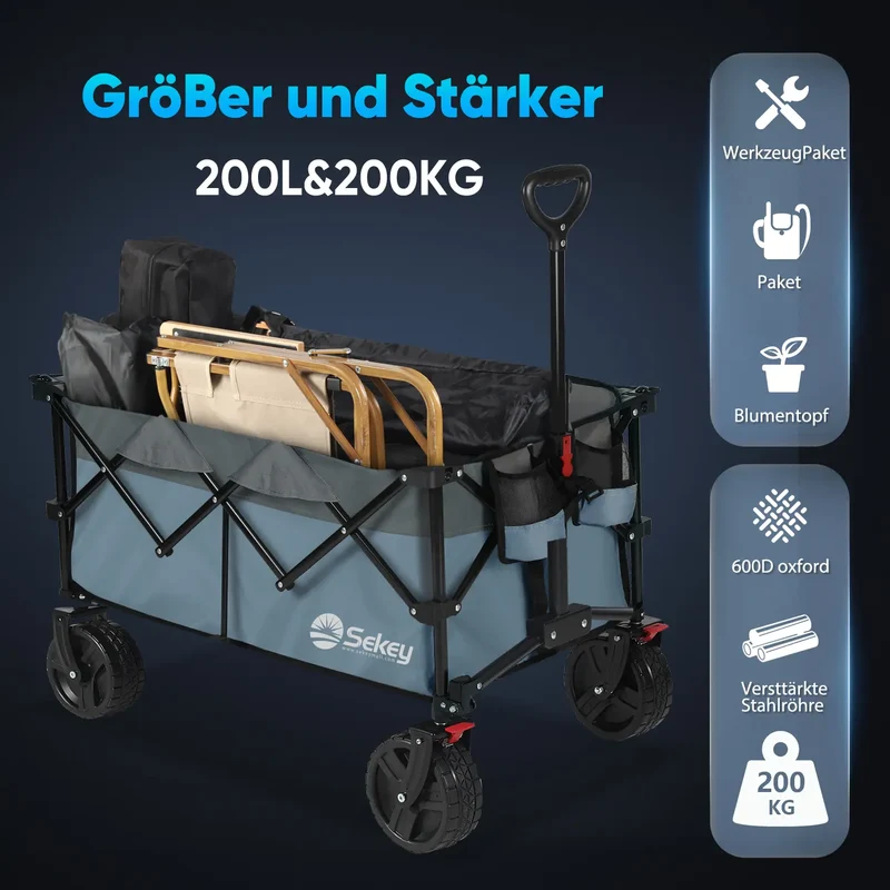 Sekey 200L / 200KG Faltbarer Bollerwagen, Patentiert Zusammenfaltbar aus Vier Richtungen, mit Bremsen Rädern