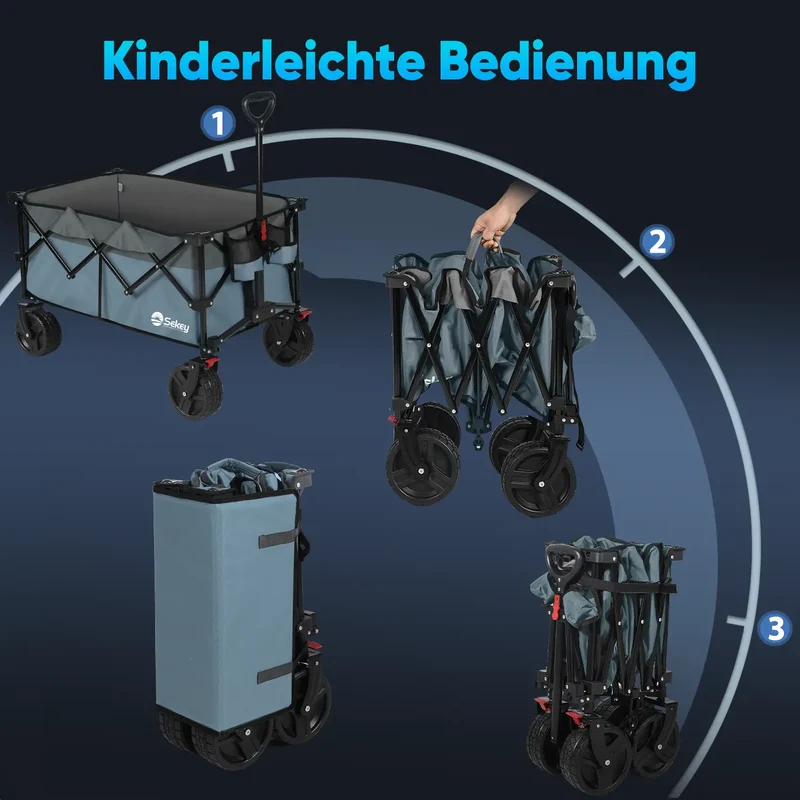 Sekey 200L / 200KG Faltbarer Bollerwagen, Patentiert Zusammenfaltbar aus Vier Richtungen, mit Bremsen Rädern