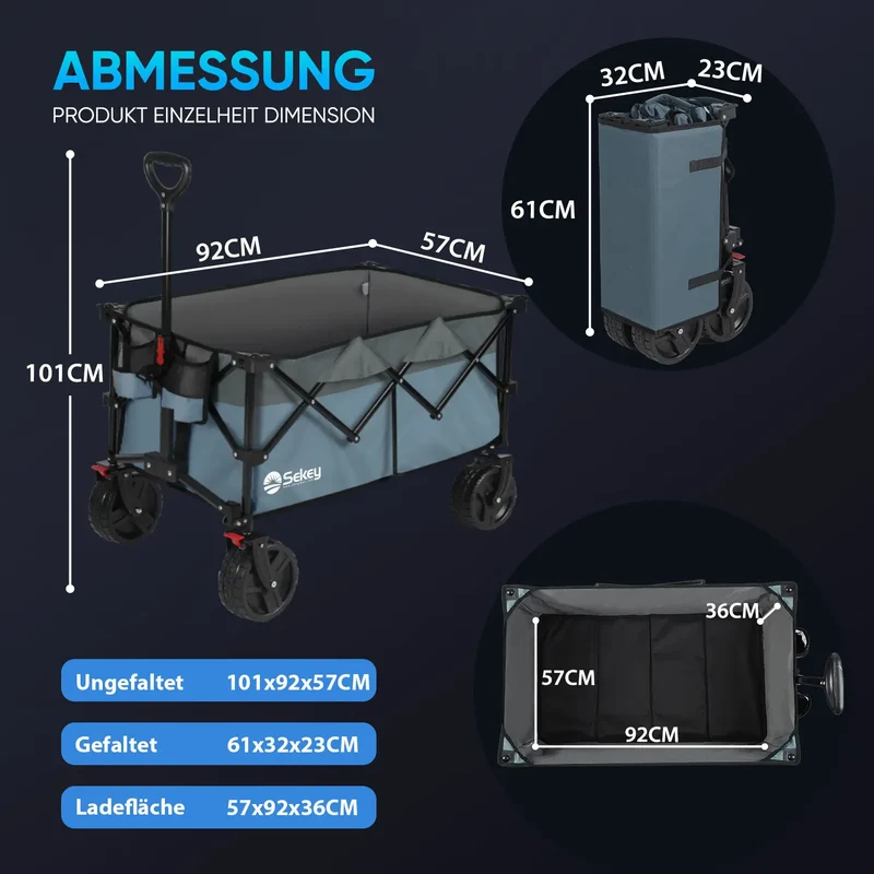 Sekey 200L / 200KG Faltbarer Bollerwagen, Patentiert Zusammenfaltbar aus Vier Richtungen, mit Bremsen Rädern