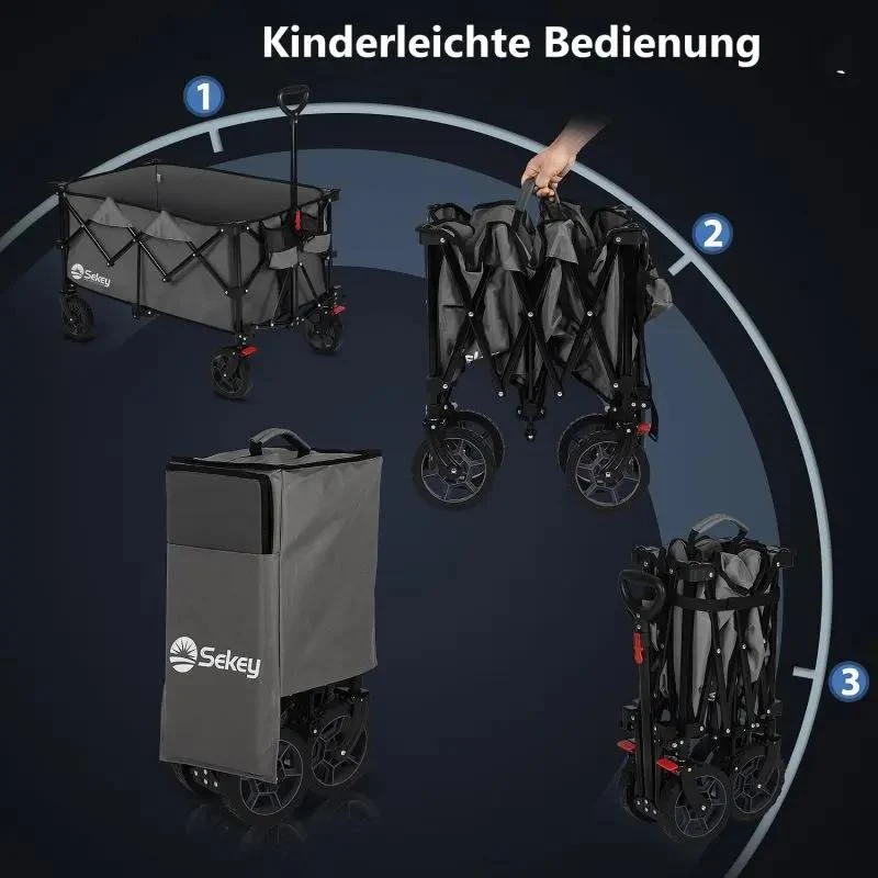 Sekey 200L / 150KG Faltbarer Bollerwagen, Patentiert Zusammenfaltbar aus Vier Richtungen, mit Bremsen
