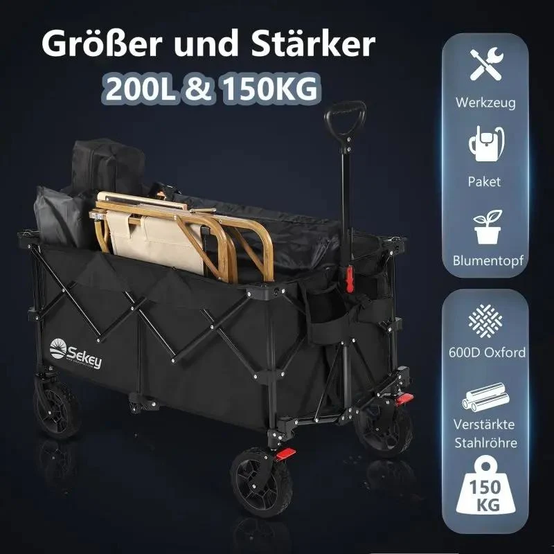 Sekey 200L / 150KG Faltbarer Bollerwagen, Patentiert Zusammenfaltbar aus Vier Richtungen, mit Bremsen