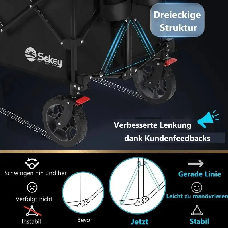 Sekey 200L / 150KG Faltbarer Bollerwagen, Patentiert Zusammenfaltbar aus Vier Richtungen, mit Bremsen