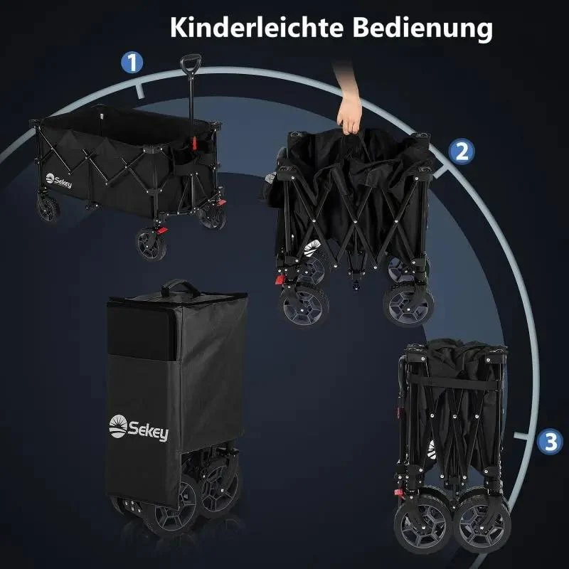 Sekey 200L / 150KG Faltbarer Bollerwagen, Patentiert Zusammenfaltbar aus Vier Richtungen, mit Bremsen