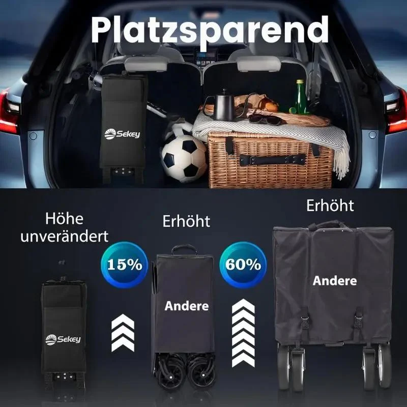 Sekey 200L / 150KG Faltbarer Bollerwagen, Patentiert Zusammenfaltbar aus Vier Richtungen, mit Bremsen
