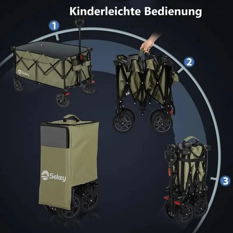 Sekey 200L / 150KG Faltbarer Bollerwagen, Patentiert Zusammenfaltbar aus Vier Richtungen, mit Bremsen